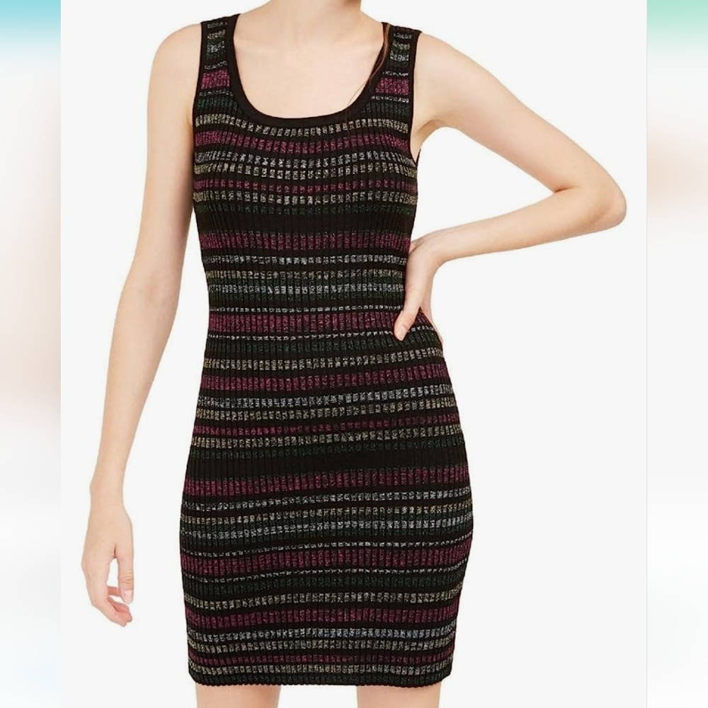 Planet Gold Bodycon Mini Dress Metallic Rainbow Striped Stretch Knit Woman XL